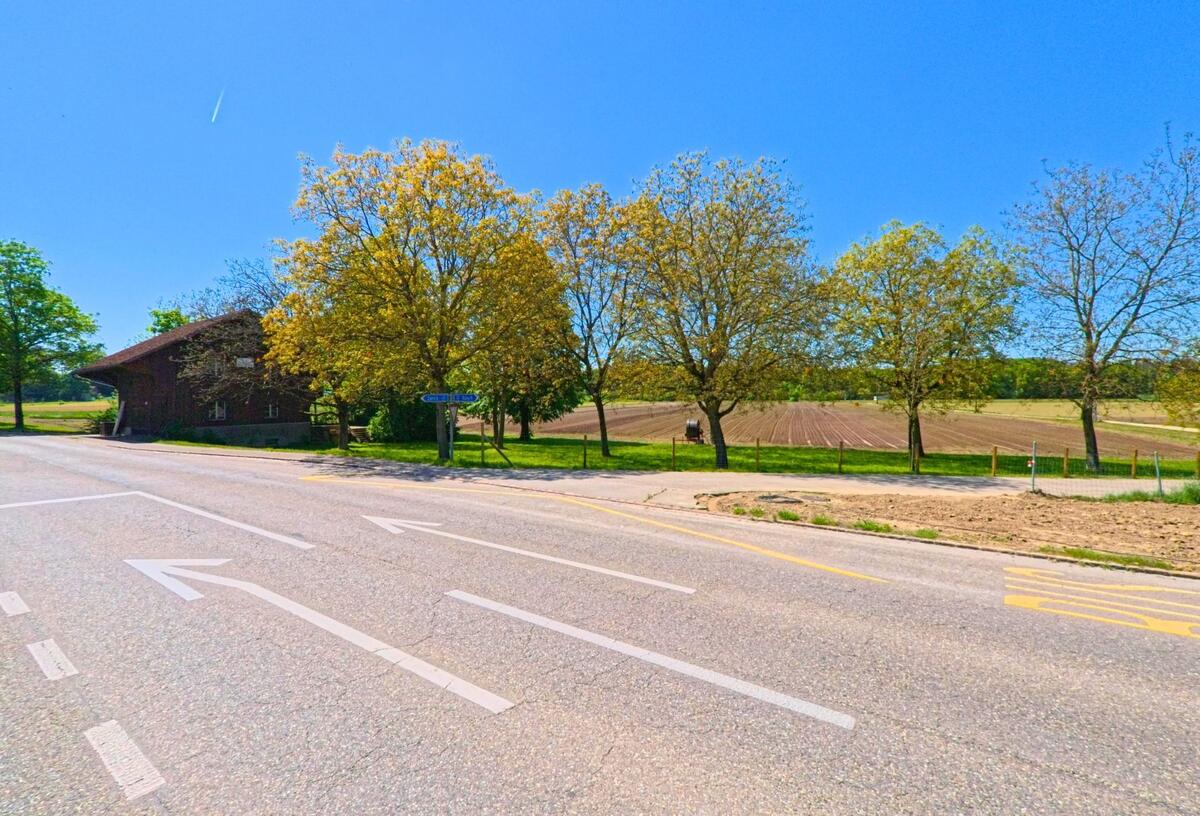 In Winkel, PLZ 8185 im Kanton Zürich, kreuzt eine breite Strasse ein landwirtschaftlich genutztes Gebiet mit frisch bestelltem Acker und einer Baumreihe am Strassenrand.