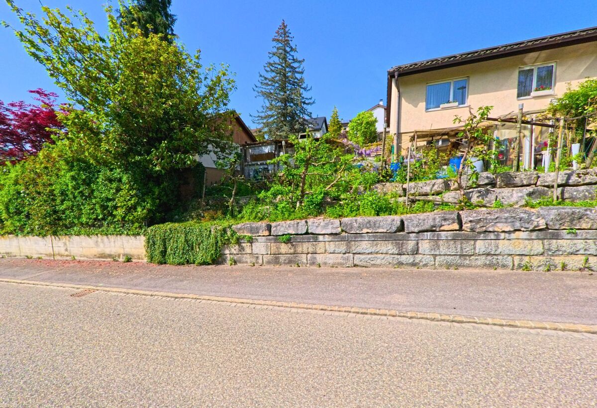 In Wintersingen (4451, Kanton Baselland) erstreckt sich entlang einer ruhigen Strasse ein terrassierter Hausgarten mit niedrigen Natursteinmauern und jungen Pflanzen.