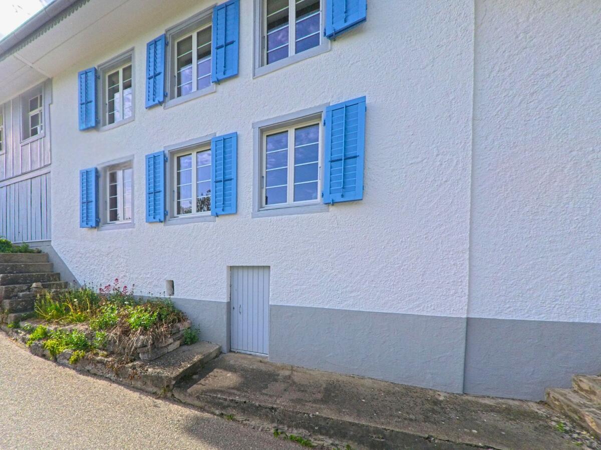 In Wisen (4634, Kanton Solothurn) fällt an einem weiss verputzten Haus besonders die Fensterreihe mit hellblauen Läden entlang der leicht abfallenden Strasse auf.