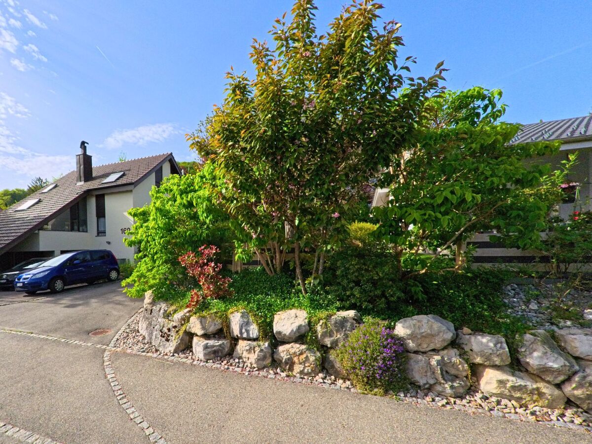In Wisen (4634, Kanton Solothurn) schmückt eine bepflanzte Natursteinmauer mit Sträuchern und Blumen eine gepflegte Wohnstrasse.