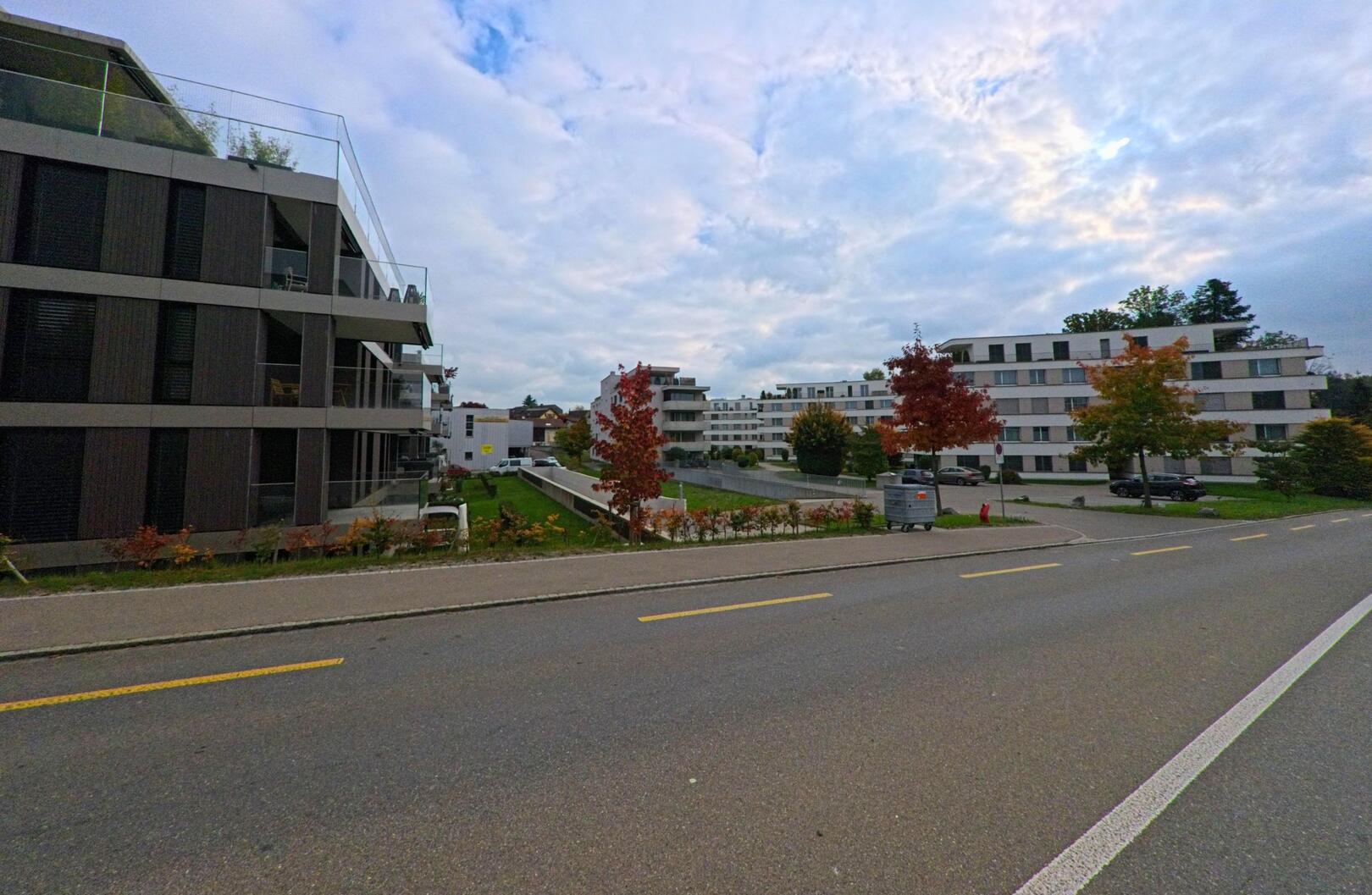 Entlang einer Strasse in Wittenbach (9300, Kanton St. Gallen) stehen moderne Wohnbauten mit Balkonen, umgeben von Gruenflaechen und herbstlich gefaerbten Baeumen.