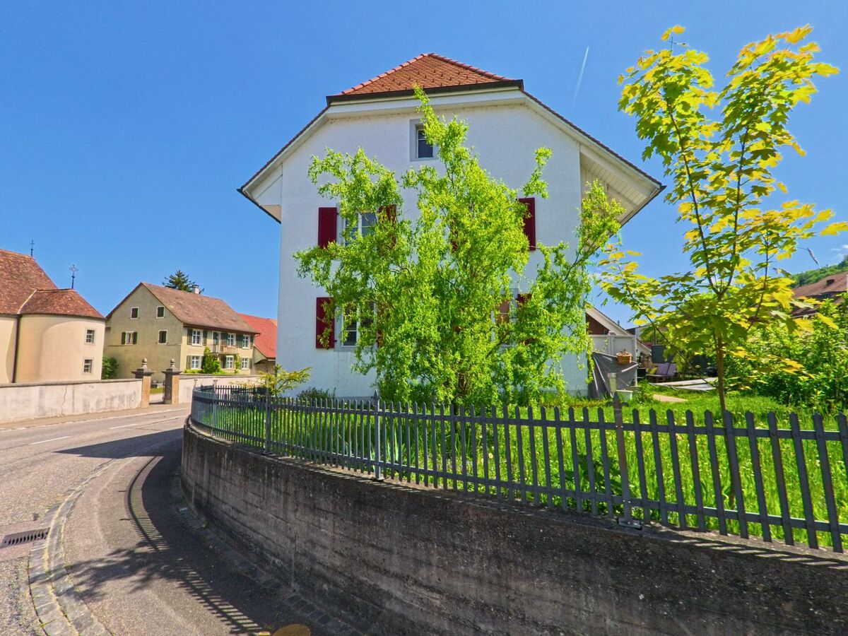 In Witterswil (4108, Kanton Solothurn) säumen historische Wohnhäuser mit gepflegten Gärten eine sanft geschwungene Strasse im Dorfzentrum.