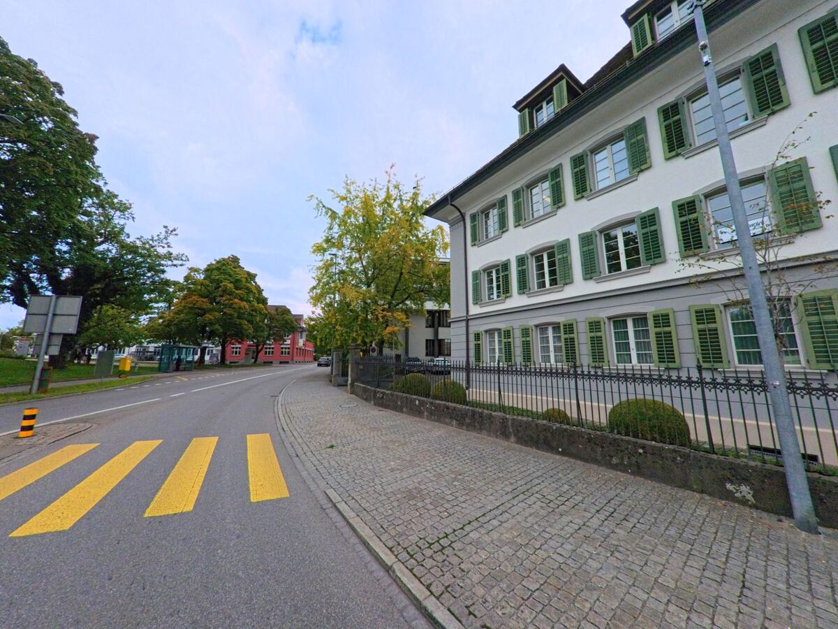 An einer gepflasterten Strasse in Wohlen (5610, Kanton Aargau) steht ein klassisches Gebäude mit grünen Fensterläden, gegenüber liegen Bäume und ein rotes Schulhaus.
