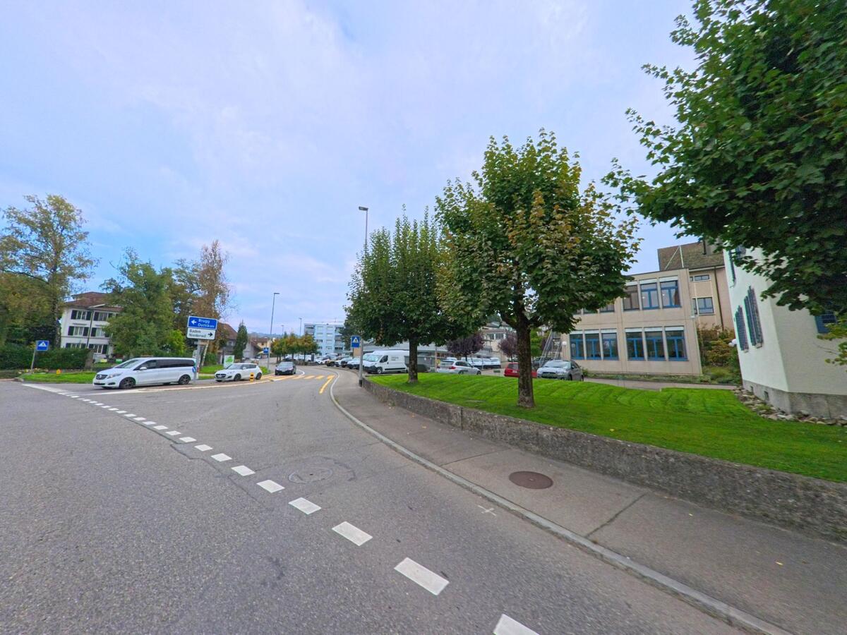 In Wohlen (5610, Kanton Aargau) verläuft eine Strasse mit grüner Baumreihe und gepflegtem Rasen, flankiert von modernen Gebäuden und parkenden Autos.