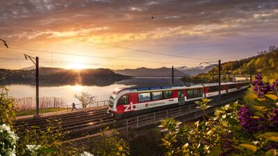 Ein Zug der zb Zentralbahn AG fährt bei Sonnenaufgang entlang des Sees in Stansstad (6362, Kanton Nidwalden), umgeben von blühender Vegetation und Bergkulisse.
