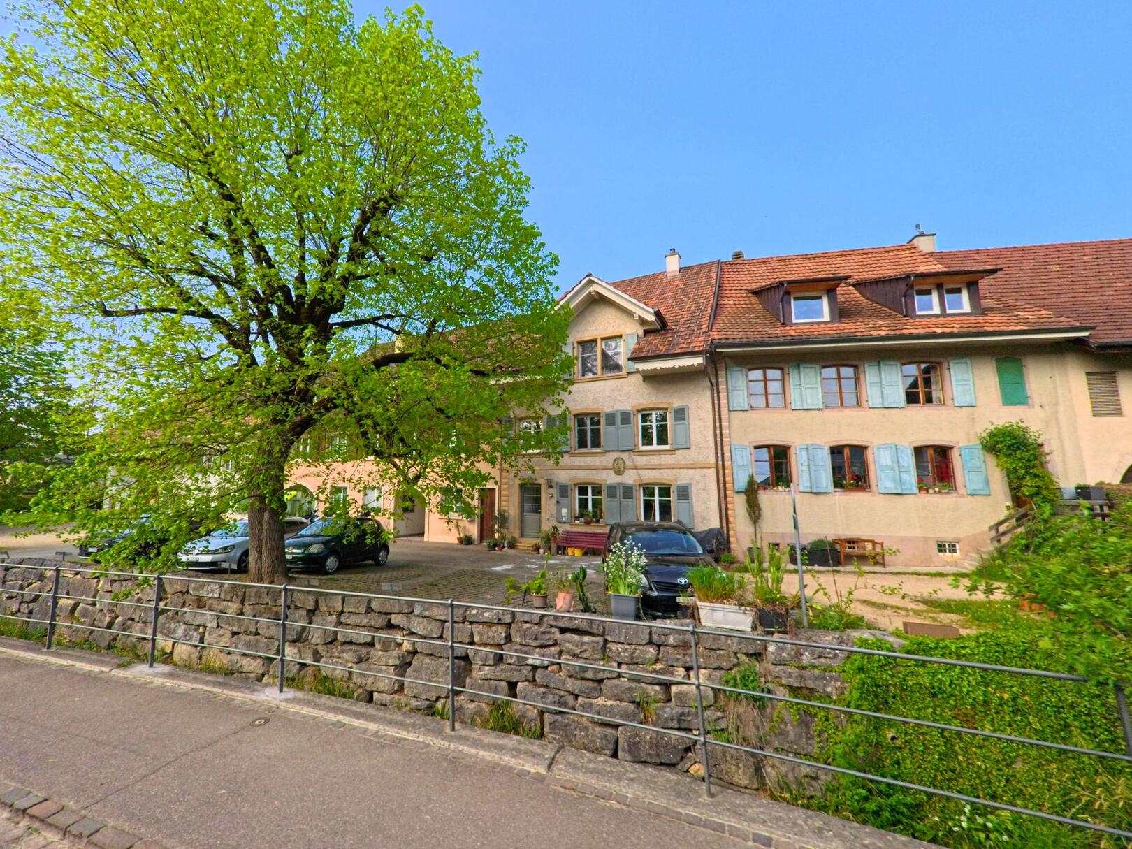 In Zeglingen (4495, Kanton Basel-Landschaft) stehen mehrere historische Wohnhäuser mit farbigen Fensterläden hinter einer Natursteinmauer und einem grossen belaubten Baum.