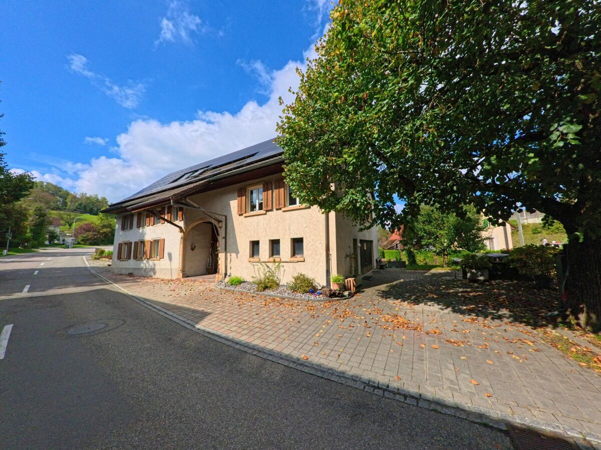 In Zeihen (5079, Kanton Aargau) steht ein traditionelles Haus mit Holzlaeden an einer ruhigen Strasse, unter einem grossen Baum mit herbstlichem Laub.