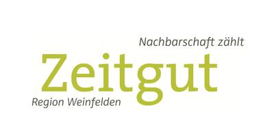 Logo mit dem Schriftzug Zeitgut Region Weinfelden und dem Leitsatz Nachbarschaft zaehlt in gruener und grauer Typografie auf hellem Hintergrund in Weinfelden (8570, Kanton Thurgau).