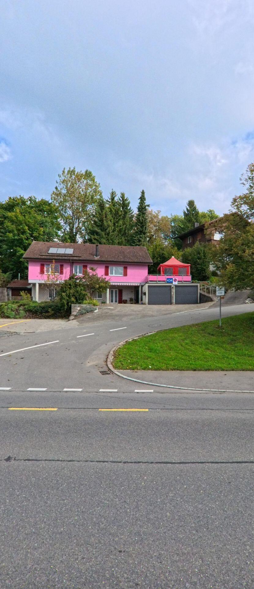 In Zetzwil (5732, Kanton Aargau) steht ein rosa Wohnhaus mit grosser Auffahrt und Garagen vor dichtem Baumbestand an einer Strassenkurve.