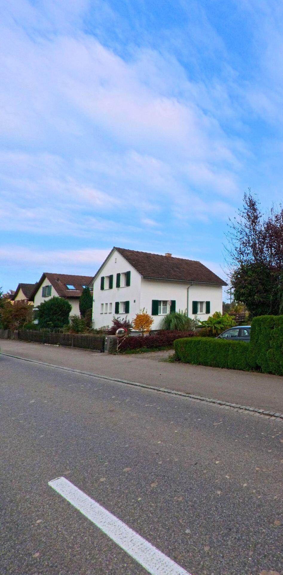 In einem ruhigen Wohnquartier von Zihlschlacht-Sitterdorf (8588, Kanton Thurgau) stehen Einfamilienhäuser mit gepflegten Gärten entlang einer wenig befahrenen Strasse.