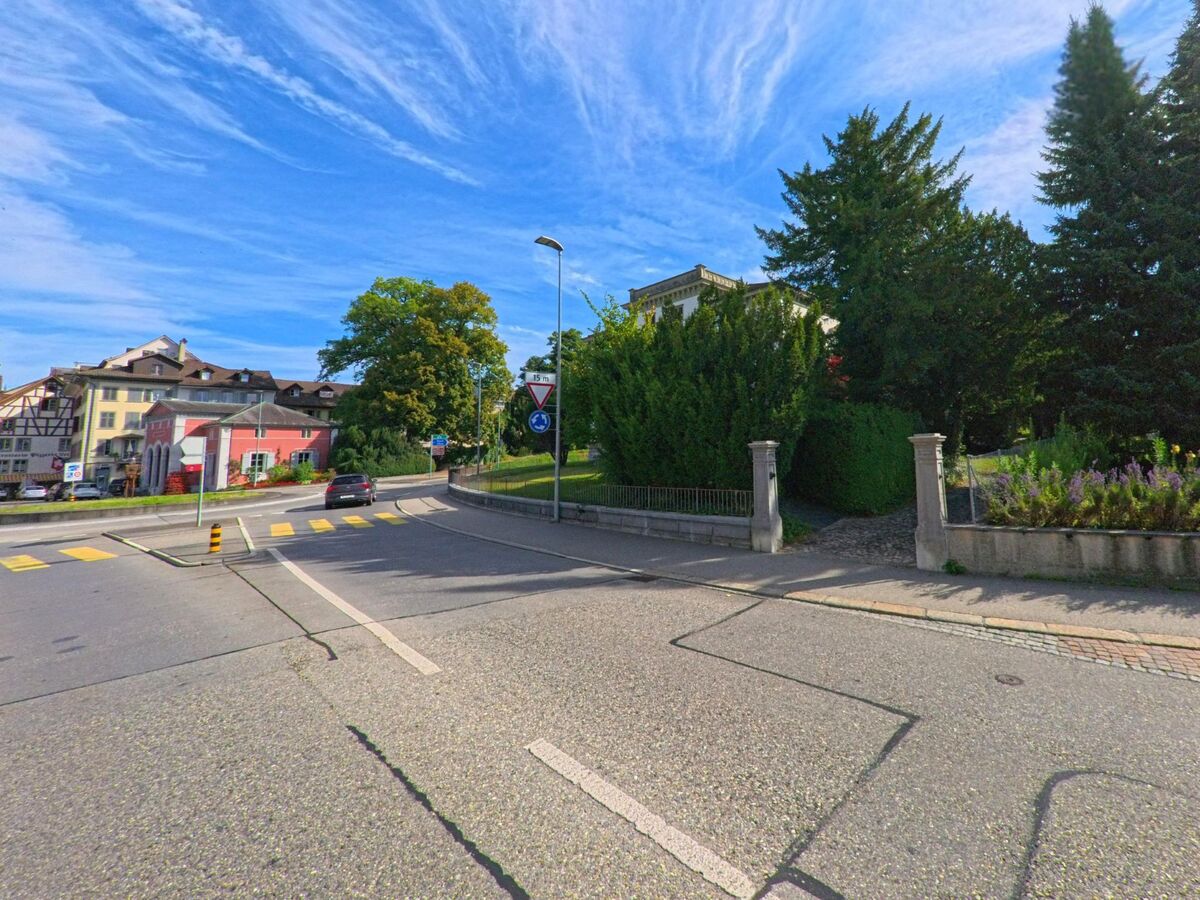 Eine Hauptstrasse mit Fussgaengerstreifen fuehrt in Zofingen (4800, Kanton Aargau) an historischen Wohnhaeusern und einer Gruenanlage mit grossen Nadelbaeumen vorbei.