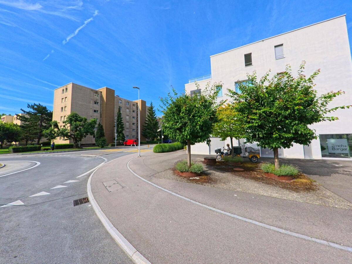 In einem Quartier von Zofingen (4800, Kanton Aargau) treffen moderne Wohnbauten und aeltere Wohnblocks aufeinander, getrennt durch eine begruente Strasseninsel mit Baeumen.