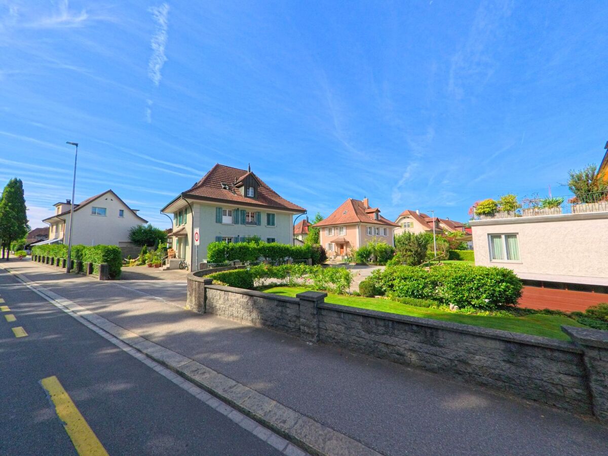 In einem ruhigen Wohnquartier von Zofingen (4800, Kanton Aargau) stehen gepflegte Einfamilienhaeuser entlang einer breiten Strasse unter klarem Himmel.