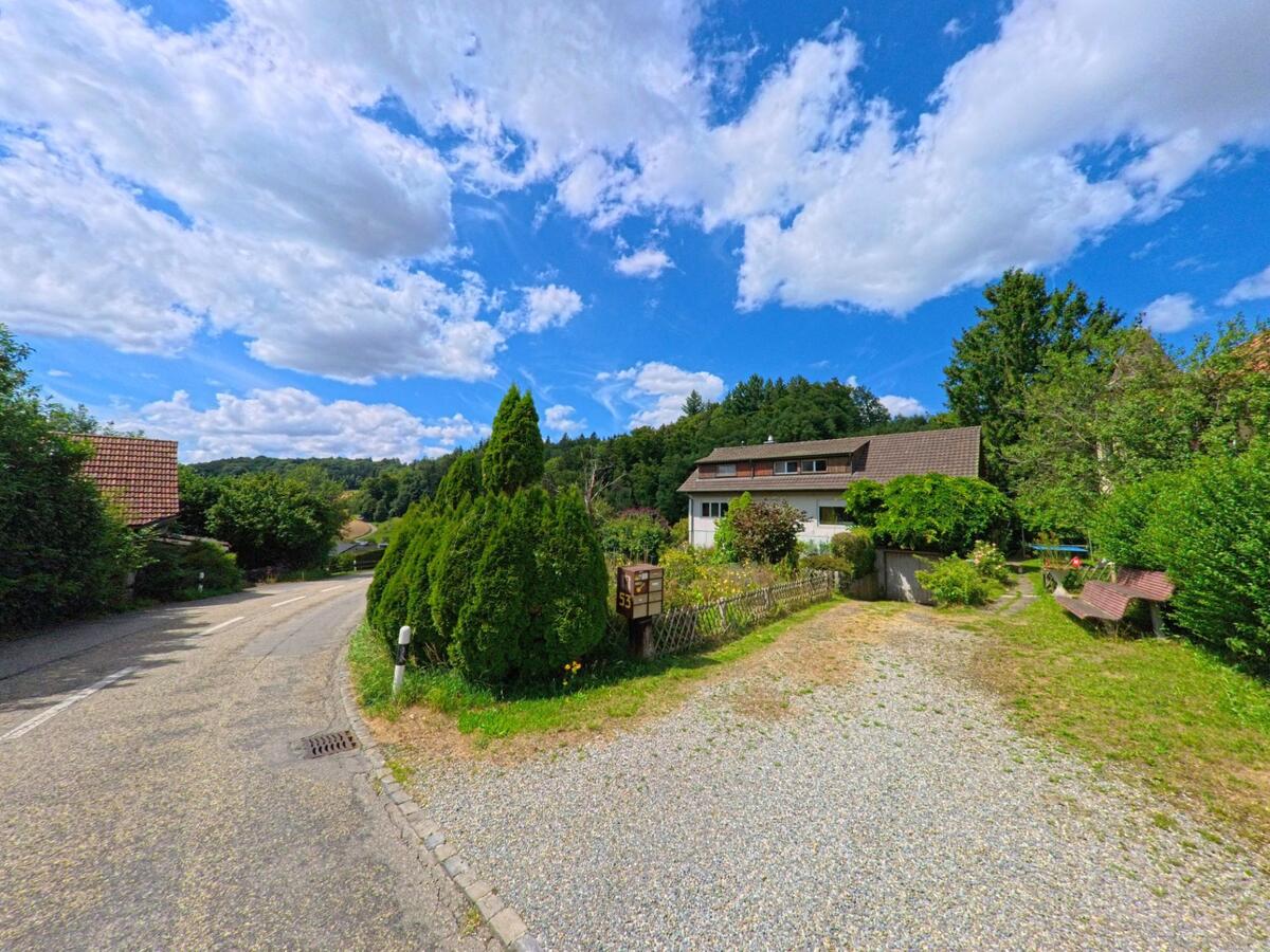 Am Ortsrand von Zofingen (4812, Kanton Aargau) liegt ein Einfamilienhaus mit Vorgarten an einer leicht geschwungenen Landstrasse im Gruenen.
