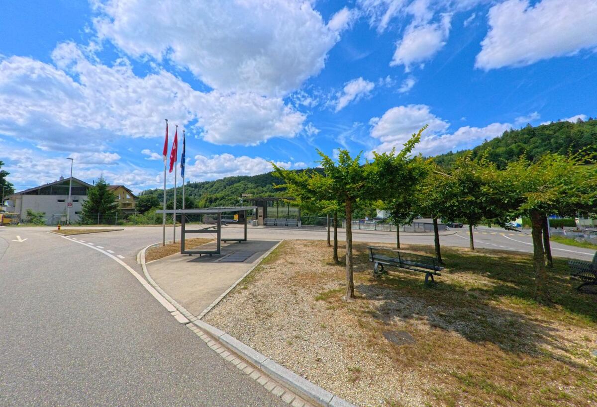 Auf einem Platz in Zofingen (4812, Kanton Aargau) stehen mehrere Fahnenmasten neben einer überdachten Haltestelle und einer Baumreihe mit Sitzbaenken.