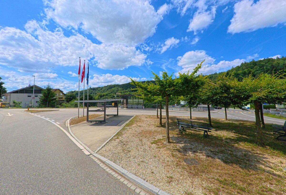 Auf einem Platz in Zofingen (4812, Kanton Aargau) stehen mehrere Fahnenmasten neben einer überdachten Haltestelle und einer Baumreihe mit Sitzbaenken.