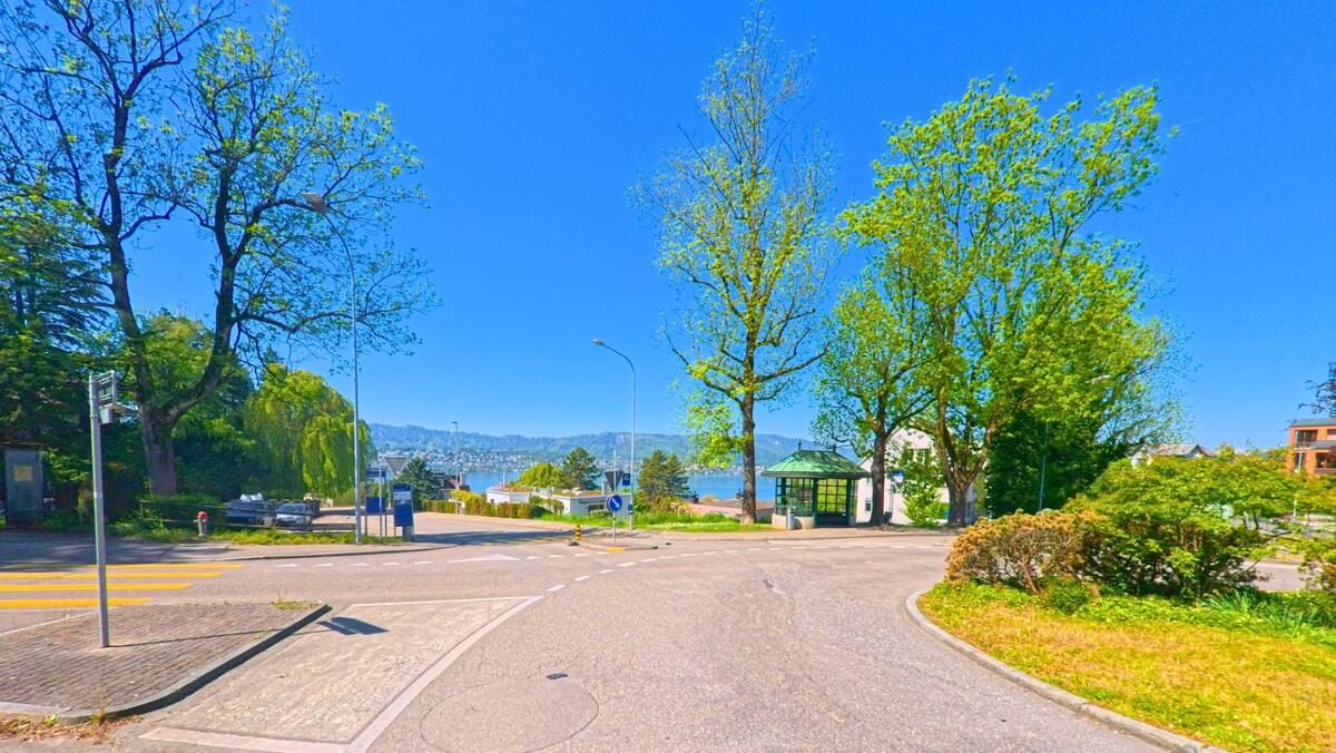 Von einer Kreuzung in Zollikon, PLZ 8702 im Kanton Zürich, bietet sich ein Blick auf den Zürichsee mit Uferbebauung, Bäumen und der Stadt im Hintergrund.