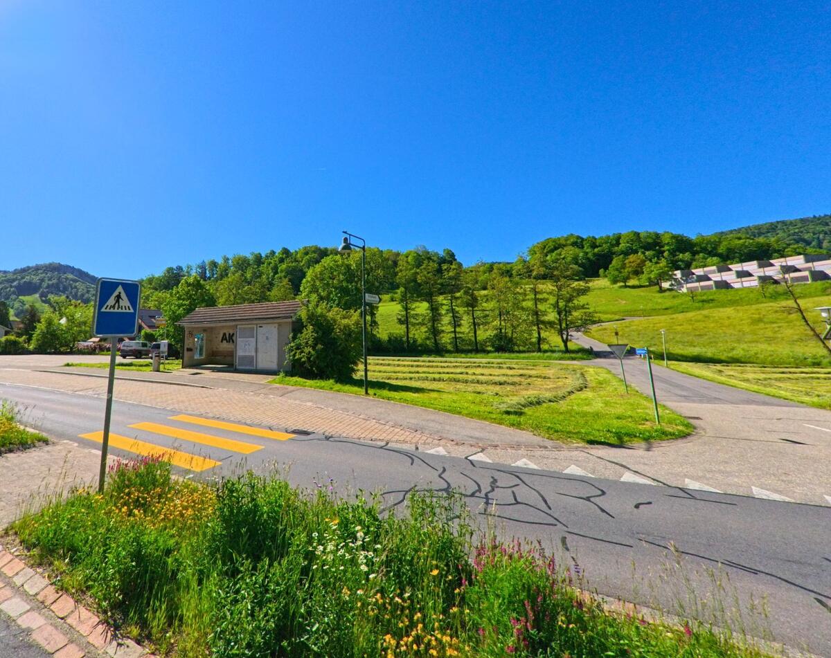 In Zullwil (4234, Kanton Solothurn) führt ein Fussgängerstreifen zu einer kleinen Verkaufsstelle am Strassenrand mit Wiesen und Hängen im Hintergrund.