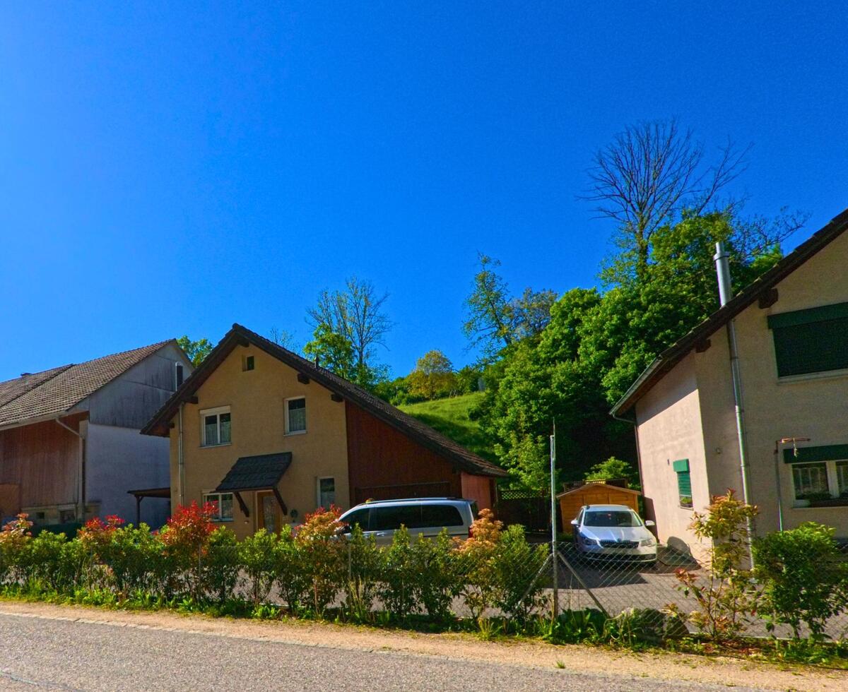  In Zullwil (4234, Kanton Solothurn) stehen mehrere Einfamilienhäuser mit Vorgärten und parkierten Autos an einer sonnigen Quartierstrasse.