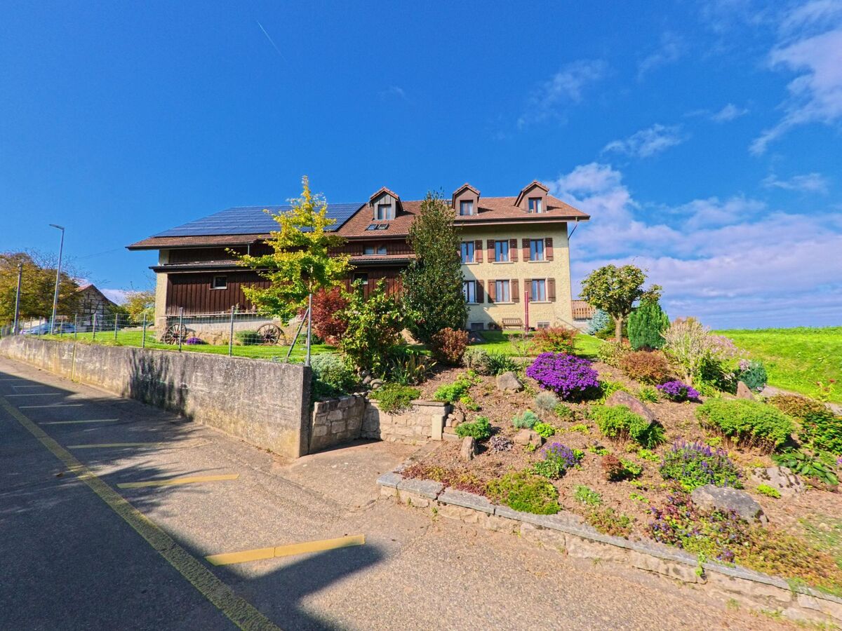 In Zurzach (5333, Kanton Aargau) steht ein Bauernhaus mit gepflegtem Vorgarten und Bluetenbeeten an einer leicht ansteigenden Strasse.