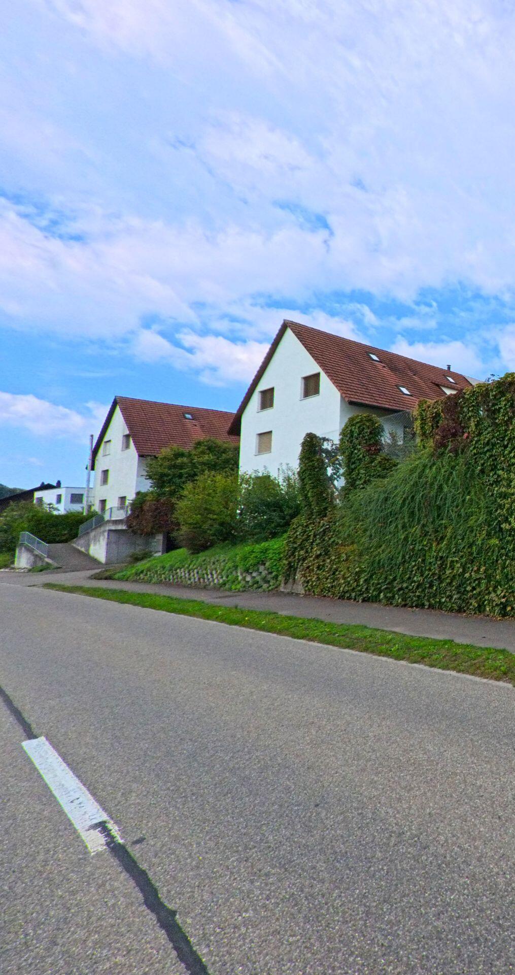 In Zuzgen (4315, Kanton Aargau) stehen zwei weiss verputzte Wohnhäuser mit roten Dächern oberhalb einer ruhigen Strasse, umgeben von dichtem Grün.