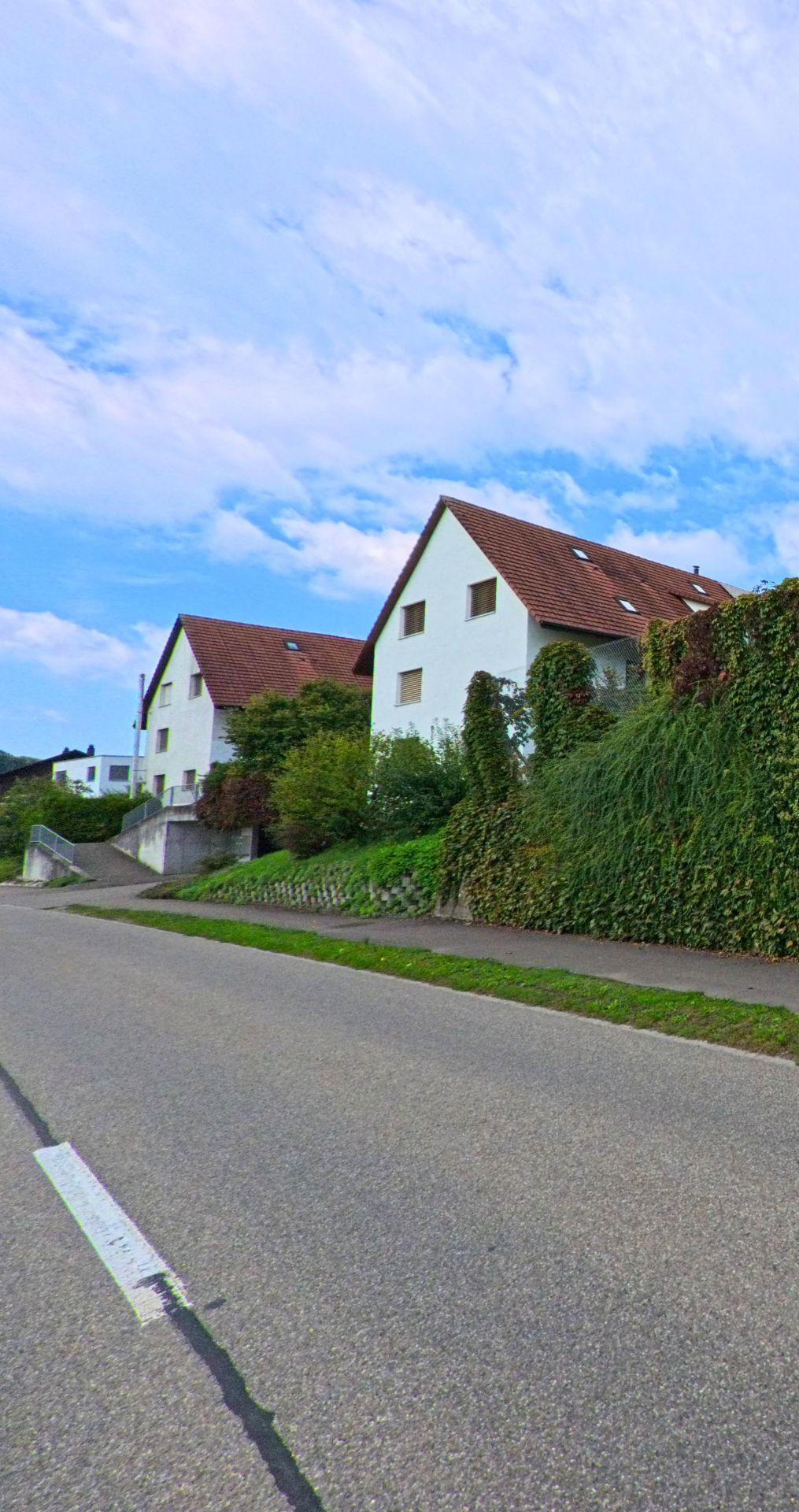 In Zuzgen (4315, Kanton Aargau) stehen zwei weiss verputzte Wohnhaeuser mit roten Daechern oberhalb einer ruhigen Strasse, umgeben von dichtem Gruen.